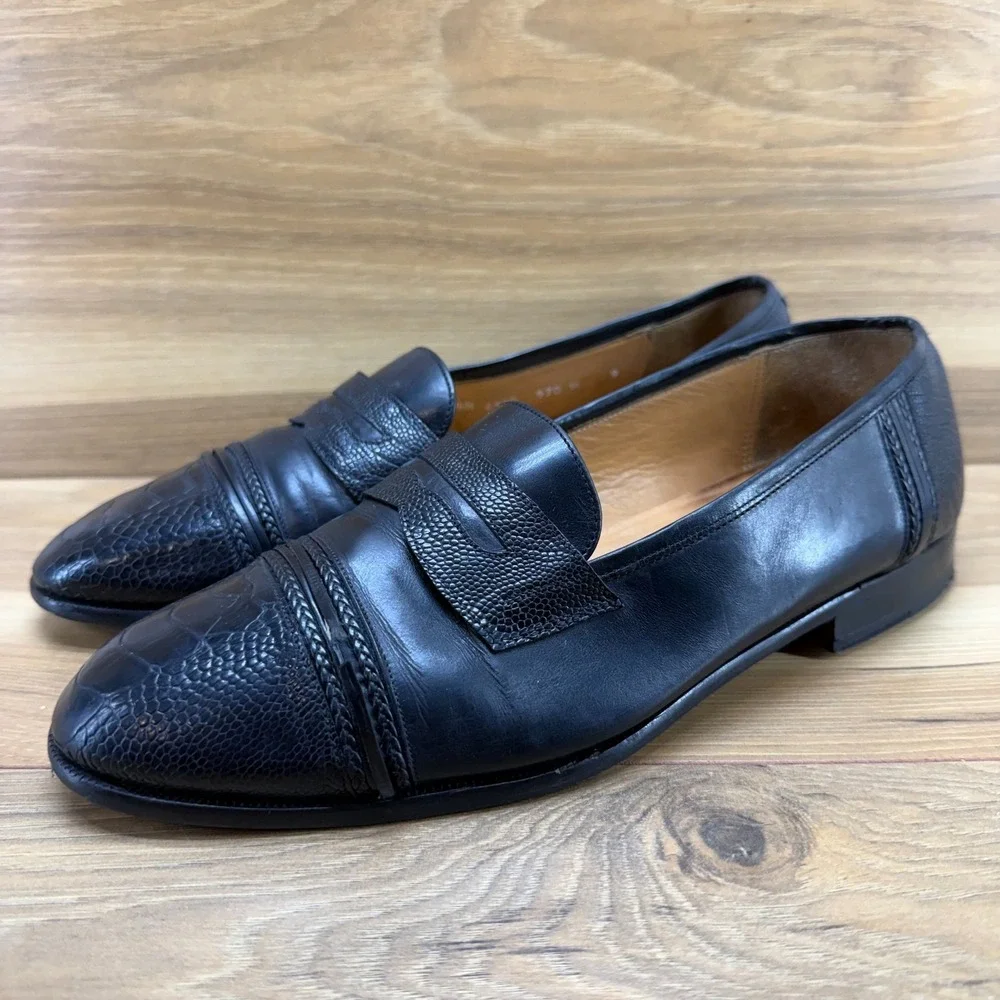 MEZLAN FLAWED Ostrich Leg Penny Loafers Mens 9 M Black Leather Dress Slip On